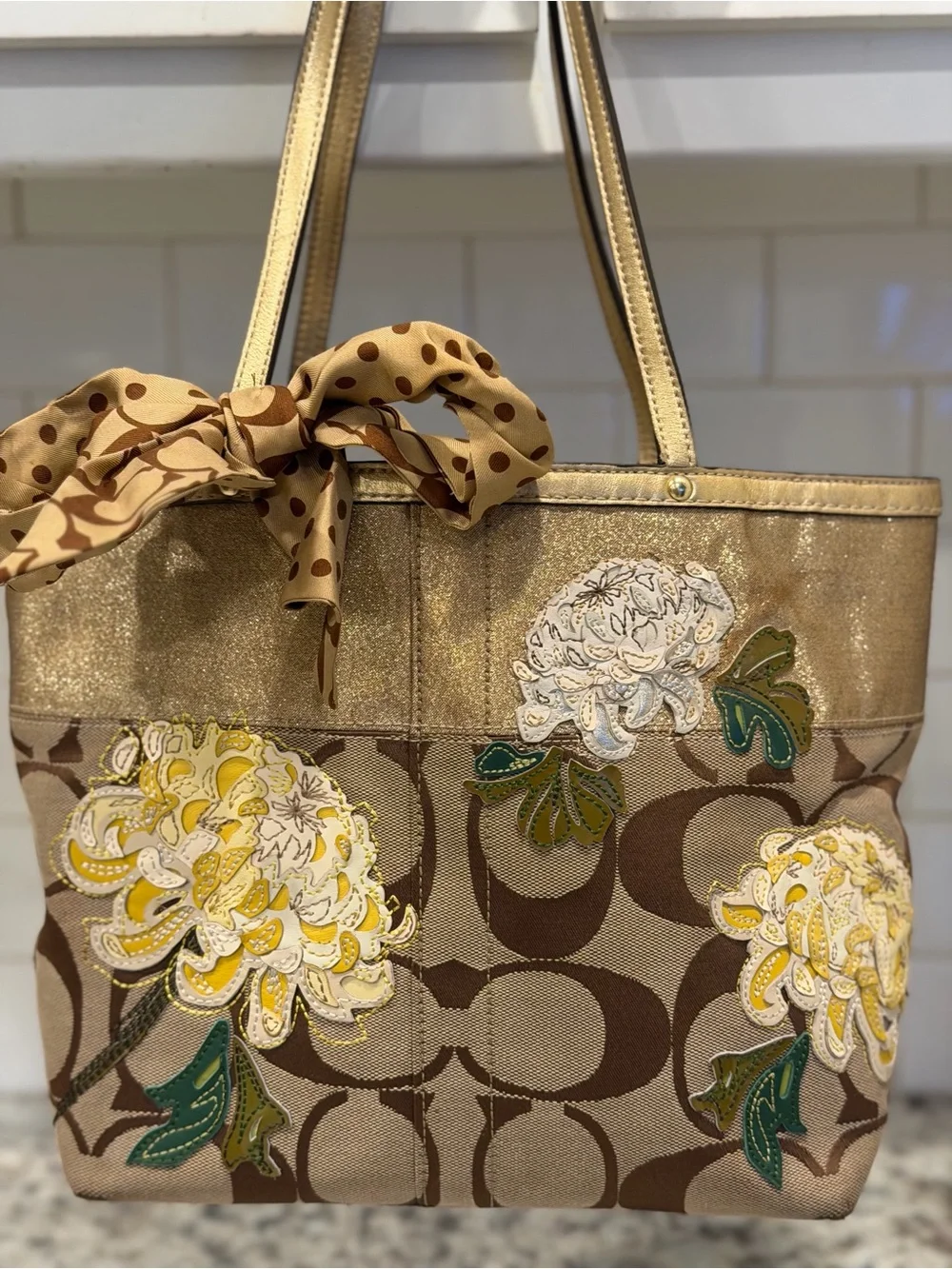 Coach Gold and Brown Floral Appliqué Tote